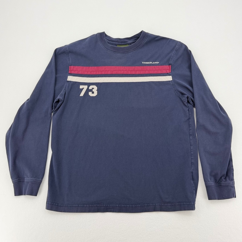 Timberland Early 2000's Men's Long Sleeve T Shirt Large Navy Blue 73 Stripe Logo
